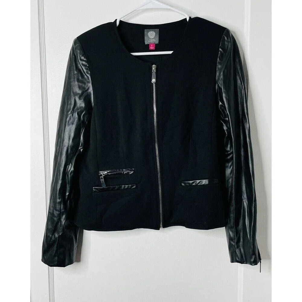 VINCE CAMUTO Black Ponte Knit Zipper Moto Jacket with Faux Leather Sleeves Sz 6